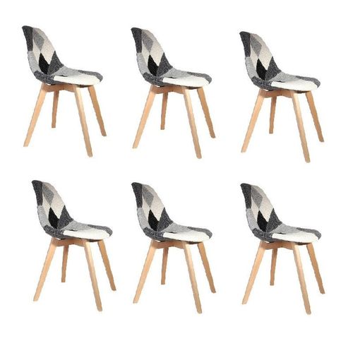 Lot De 6 Chaises Patchwork Noir Et Blanc | H 85 X P 54 X L 46,50 Cm | Pieds En Bois Brut | Design Scandinave