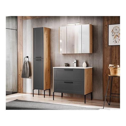 Ensemble Meuble Vasque + Armoire Miroir + Grande Armoire - 80 Cm - Duramen Grey