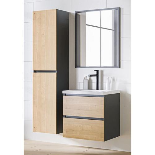 Ensemble Meuble Vasque + Miroir + Grande Armoire - 60 Cm - Stéphanie Grey Oak