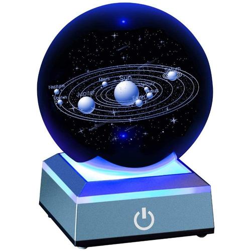 Système Solaire Boule De Cristal, Avec Interrupteur Tactile, Base Lumineuse Led, Modèle Cosmique Avec Nom De Planète 8cm