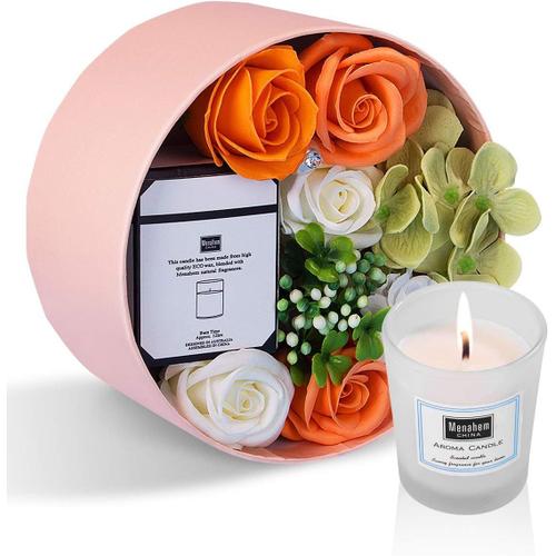 Femmes Savon Fleur Boîte Ronde avec Bougies Parfumées Fête des Mères Rose Fleur Artificielle Coffret Cadeau Maman Personnalisé Anniversaire Saint Valentin Noël(jaune)