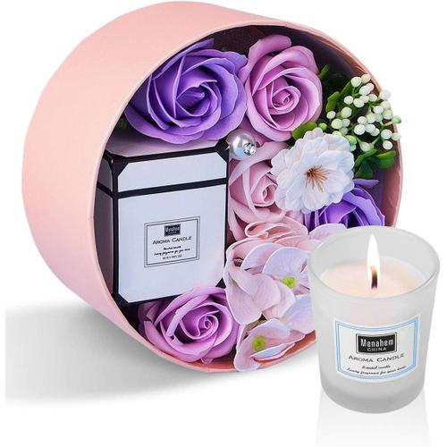 Femmes Savon Fleur Boîte Ronde avec Bougies Parfumées Fête des Mères Rose Fleur Artificielle Coffret Cadeau Maman Personnalisé Anniversaire Saint Valentin Noël(Violet)