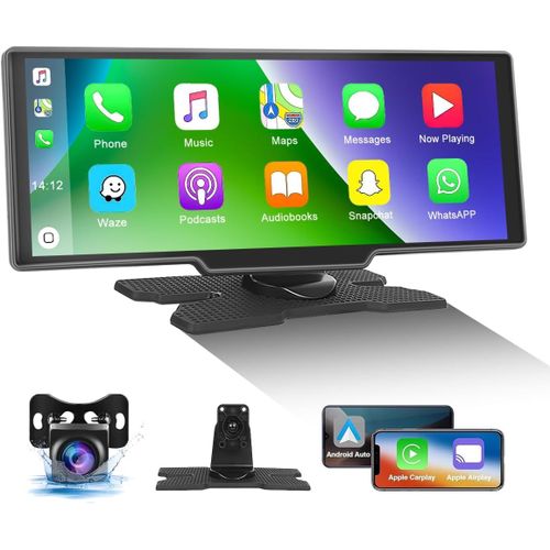 Wireless CarPlay Android Auto with Rear View Camera,Portable Carplay Screen Car 10.26"" Touchscreen with Bluetooth,AUX-in,FM Transmitter,Voice Control for 7-32V All Vehicles
