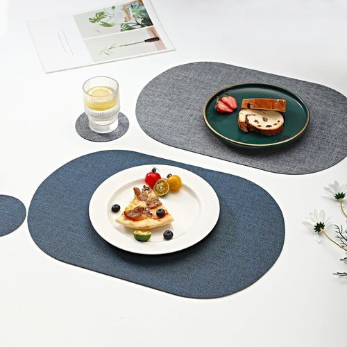 Lot De 6 Sets De Table Ovales En Similicuir Résistants À La Chaleur Et Imperméables (Bleu Marine/Gris)