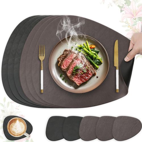 Lot De 6 Sets De Table En Cuir Synthétique-Lavables Et Imperméables-Aspect Cuir Avec Dessous De Verre-Double Face-Antidérapants (Ovale,Marron Foncé + Noir)