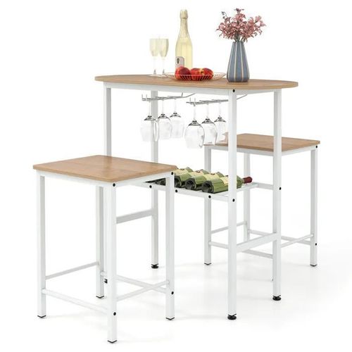 Costway Ensemble 3 Pièces - Table À Manger Ovale Et 2 Tabourets - Porte-Bouteilles, Porte-Verres À Vin Pour Cuisine, Bistro Naturel