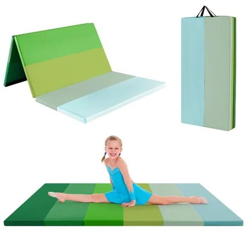 Tapis De Gymnastique Pliable Costway 180 X 120 X 4 Cm-3 Plis-En Mousse,Pu-Poignées De Transport-Attaches Auto-Agrippantes Vert