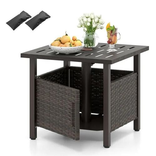 Costway Table Carrée De Jardin Extérieur En Osier Pe, Trou Pour Parasol De 4,9cm, Cadre Antirouille, Pour Terrasse Bord De Piscine