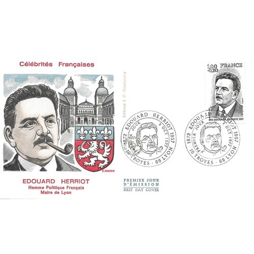 France 1977, Très Belle Enveloppe 1er Jour État Neuf, Timbre Yvert 1953, Edouard Herriot, Homme Politique Français, Maire De Lyon, Cachets De Lyon Et Troyes.