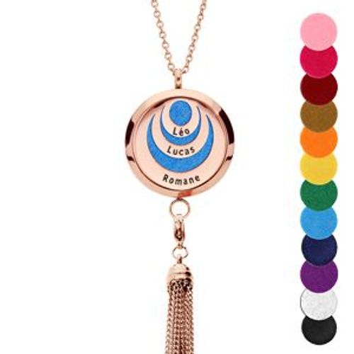 Collier Senteur Acier Et Pvd Rose Medaillon Cercles Et Pompon 12 Mousses Interchangeables Couleurs Assorties Réglable 45 A 65cm