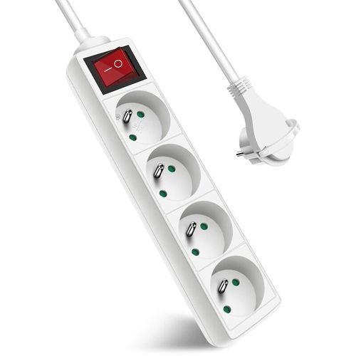 Bloc multiprises 4 prises avec interrupteur plat, bloc 4 prises, rallonge 1,5 m 230 V avec sécurité enfant, blanc