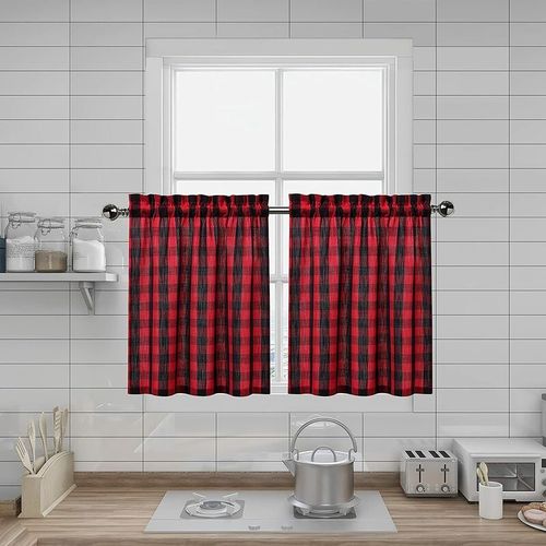 Rideaux Vichy À Carreaux Rouges Café Teints En Fil Épais Teints Rideaux De Ferme De Poche Pour Cuisine Salle De Bains Fenêtre Poteau 74cm X 61cm Ensemble De 2