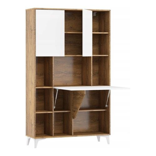 Armoire Placard Convertible En Bureau Et Table Home Office 175x105x34cm « Meggie 2-Blanc Brillant (Front)/Chêne Foncé(Corps)»