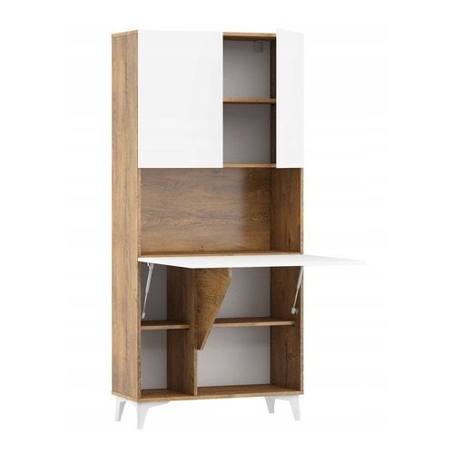 Armoire Placard Convertible En Bureau Et Table Home Office 175x80x36cm « Meggie-Blanc Brillant (Front)/Chêne Foncé(Corps)»