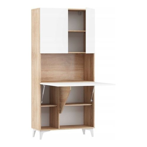 Armoire Placard Convertible En Bureau Et Table Home Office 175x80x36cm « Meggie-Blanc Brillant (Front)/Chêne Sonoma(Corps)»