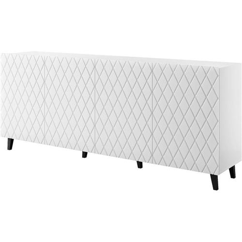 Commode De Rangement Meuble Universel Blanc Mat 200x82x42cm Lola Sur Pieds Avec 4 Portes