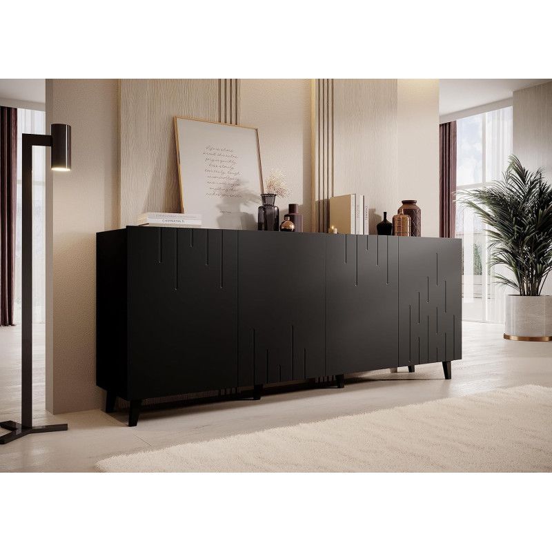 Commode De Rangement Meuble Universel Noir Mat 200x82x42cm Moda Sur Pieds Avec 4 Portes