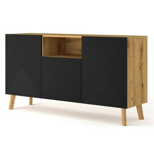 Commode Rangement Luxi-3d 146x42x80cm Noir Mat Fraisé /Chêne Artisan Sideboard Buffet Design Moderne De Haute Qualité