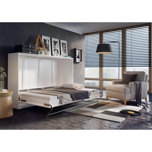 Lenart Armoire Lit Escamotable Horizontal 140x200 Cm Blanc Brillant Lit Rabattable Lit Mural Consus Pro