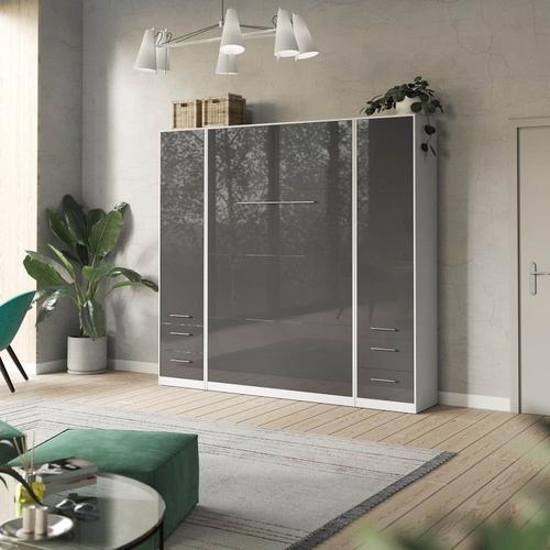 Lit Escamotable +2 Placards Vertical 90x200+(50x2)Cm Lit Rabattable Lit Mural Standard Blanc/Anthracite Brillant