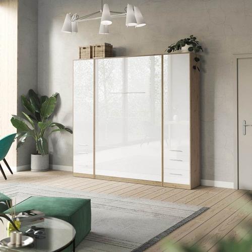 Lit Escamotable +2 Placards Vertical 90x200+(50x2)Cm Lit Rabattable Lit Mural Standard Chêne Sauvage/Blanc Brillant