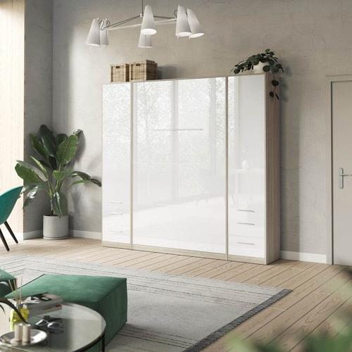 Lit Escamotable +2 Placards Vertical 90x200+(50x2)Cm Lit Rabattable Lit Mural Standard Chêne Sonoma/Blanc Brillant