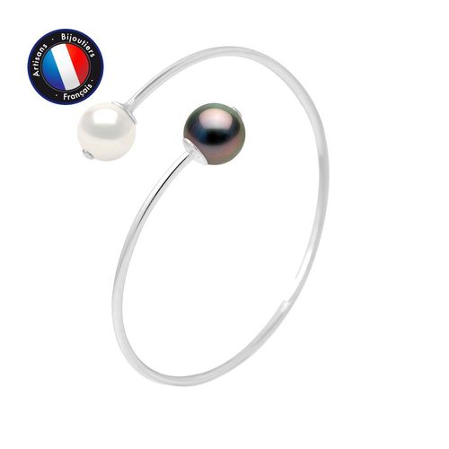 Perlinea - Bracelet Jonc Toi & Moi - 1 Perle De Culture De Tahiti Et 1 Perle D'eau Douce Blanche - Ronde 10-11 Mm - Argent 925 Millièmes - Bijoux Femme
