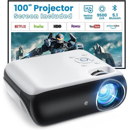 Vidéoprojecteur 5.1 Bluetooth, Native 1080P 9500L Projecteur Supporté 4K  Fonction Zoom Portable Mini RétroProjecteur
