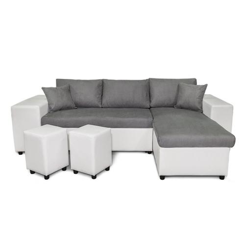 Canapé D'angle Mady Convertible Avec Coffre, Accoudoir Étagère Et Poufs En Simili Et Microfibre - Blanc