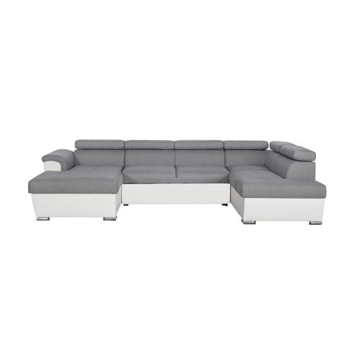 Canapé D'angle Panoramique Paola Convertible En Simili Et Tissu - Blanc Et Gris