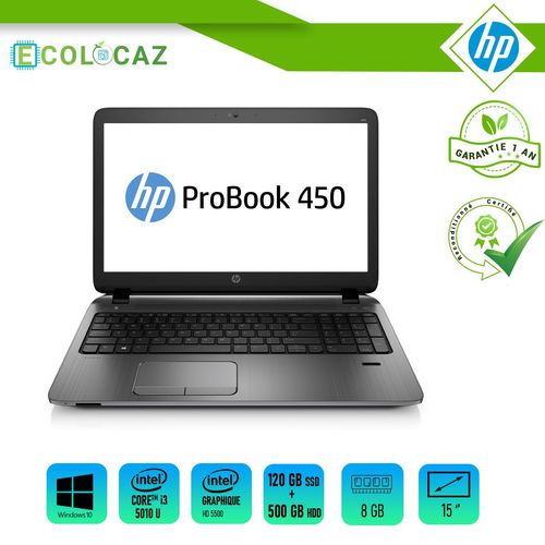 HP ProBook 450 G2 - 15" Intel Core i3-5010U - 2.1 GHz - Ram 8 Go - SSD 120 Go + DD 500 Go