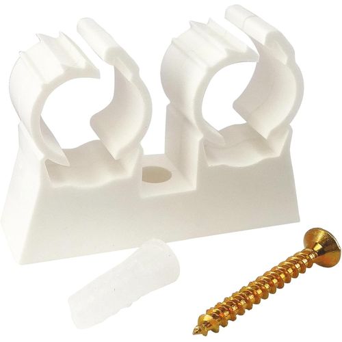KALANKA-, Attaches de fixation doubles pour tubes Ø20 mm - Lot de 10 - Support en plastique avec vis et chevilles incluses - Idéal pour maintenir 2 tubes de diamètre 20 mm