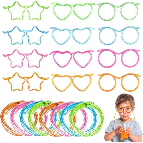 Ershi-Pailles Réutilisables Plastique, 12 Pièces Lunettes Paille Nouveauté Drôles Flexibles Coloré Pailles De Fête Pour Enfant Ann[1288]