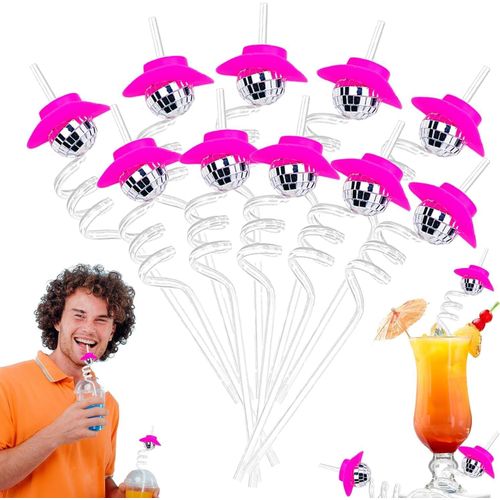 Ershi-Lot De 10 Mini Pailles Disco Cowboy Cowgirl Rose Chapeau Paille Réutilisable En Plastique Rétro Pour Les Années 70, Discothè[1337]