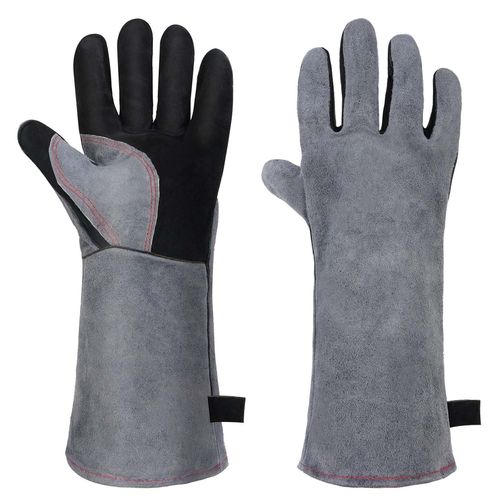 KALANKA-Gants Anti Chaleur de Barbecue en Cuir, Gants de Aoudage Épaississement, Résistant au Feu et à La Chaleur, pour la Soudure, Pâtisserie, Four, Cheminée, Jardinage - Gris