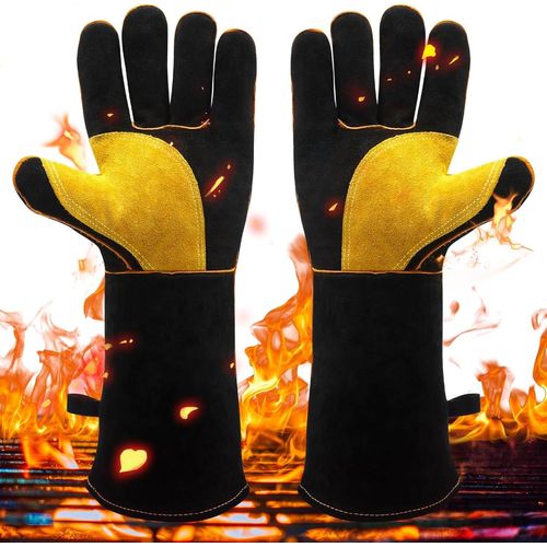 KALANKA-Gants de barbecue résistants à la chaleur, gants de four, gants de cheminée ignifuges, gants de cuisson avec suspension, gants en cuir de haute qualité pour soudure, cuisine, barbecue, four (