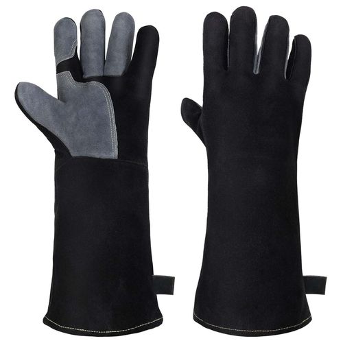 KALANKA-Gants Anti Chaleur de Barbecue en Cuir, Gants de Aoudage Épaississement, Résistant au Feu et à La Chaleur, pour la Soudure, Pâtisserie, Four, Cheminée, Jardinage - Noir