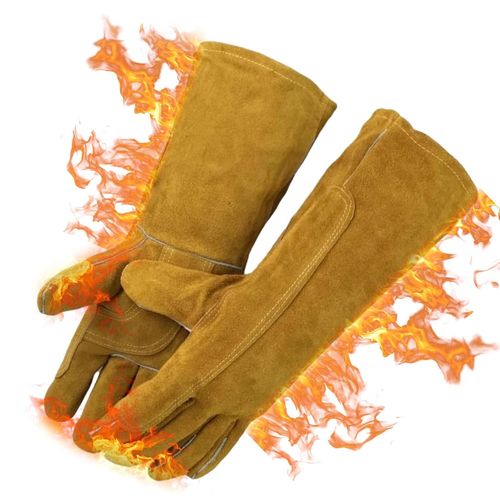 KALANKA-Gants de cheminée ignifuges, gants de barbecue en cuir et gants de soudeur résistants à la chaleur (marron) GS00078