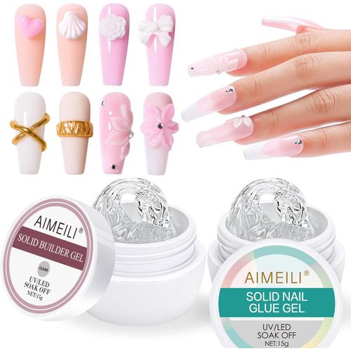Solide Gel Colle Pour Faux Ongles + Builder Solid Gel, 2pcs Clair Non-Stick Solide Sculpture Gel, Multifonctions Gel De Construction Ongle Uv Pour Extension Décoration Allonge Répare 30g 