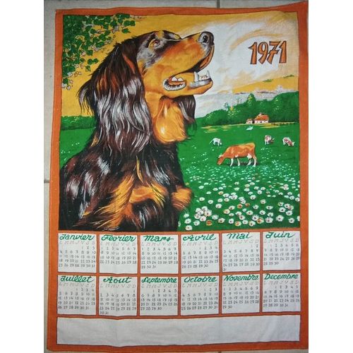 Calendrier Torchon Vintage En Tissus Année 1971 Motif Chien
