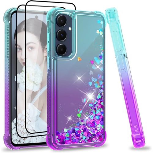 Coque Pour Samsung Galaxy A55 5g Avec Verre Trempé [Lot De 2], Fille Liquide Paillette Transparente Silicone Gel Tpu Antichoc Kawaii Etui Housse Galaxy A55 Turquoise Violet
