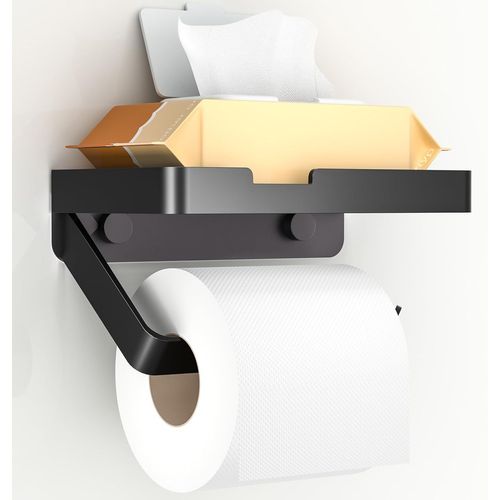 Porte Papier Toilette avec Étagère, Support Papier WC Mural, 3 Méthodes d'Installation [Sans Perçage, Autocollant, Vissage], Accessoire de Salle de Bain et Cuisine, Noir Mat
