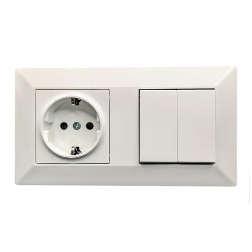 Prise Schuko 2P+T 16 A et double interrupteur commutateur, 230 V, décoration murale intérieure, facile à installer, avec cadre et mécanisme, polycarbonate blanc