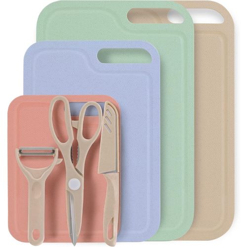 Planche A Decouper En Plastique, 7pcs Multicolore Taille Multiple Camping Planche A Decouper Set, Planches Plastique, Avec Eplucheurs, Couteau, Ciseaux De Cuisine