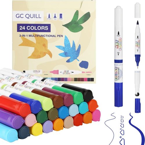 Stylos Feutre Courbes - 24 Couleurs Stylos Courbes À 3 Pointes - Différentes Formes De Tampons, Pointe Pinceau, Pointes Fines - Pour Agenda, Scrapbook, Journalisme, Planning, Notes, Calendri