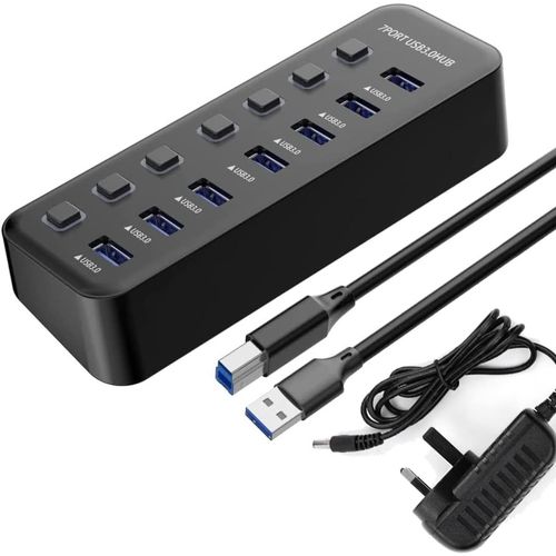 Hub USB alimenté,hub de données USB 3.0 à 7 ports avec interrupteur marche/arrêt individuel pour ordinateur portable/PC/ordinateur de bureau/PS4/Notebook/plus (7 ports,alimentation 5 V/2 A in.[R683]