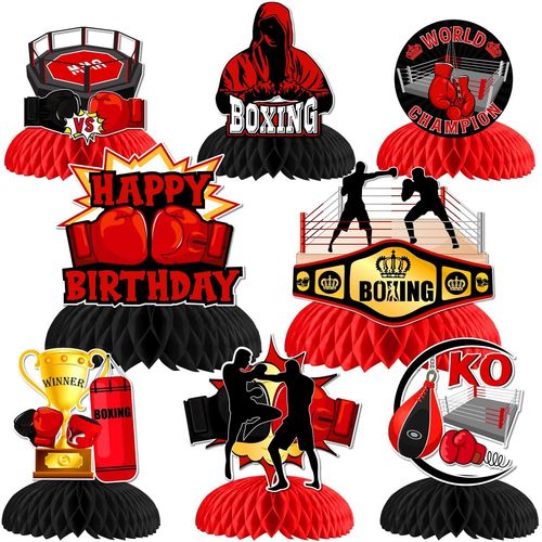 8pcs Boxing anniversaire nid d'abeille pièce centrale - boxing match anniversaire décoration de fête or rouge noir, gants de boxe Boxing Boxing Boxing Fitness Boxing Sport Party Supplies.[V845]