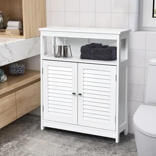 Costway Meuble De Rangement Pour Salle De Bain En Bois Avec Placard 2 Portes À Volet Etagère Réglable Pour Salle De Bain Salon Blanc