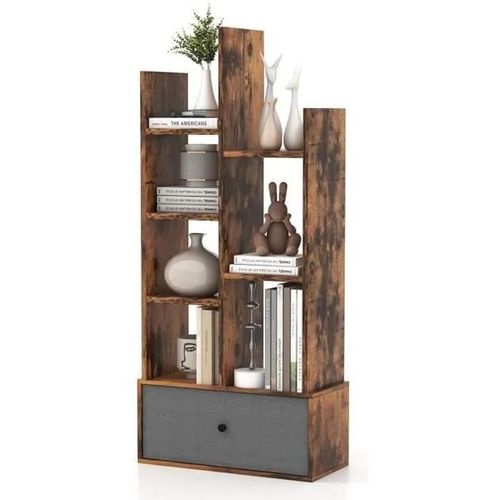 Costway Bibliothèque Industrielle À 7 Niveaux Avec Tiroir En Tissu, Étagère De Rangement Avec Dispositif Anti-Basculement, Marron