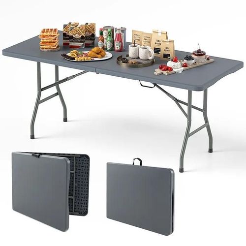 Costway Table Pliable De Jardin 180cm, Plateau En Hdpe, Charge 160 Kg, Poignée Et Verrou, Portable Pour Camping Salle À Mange, Gris